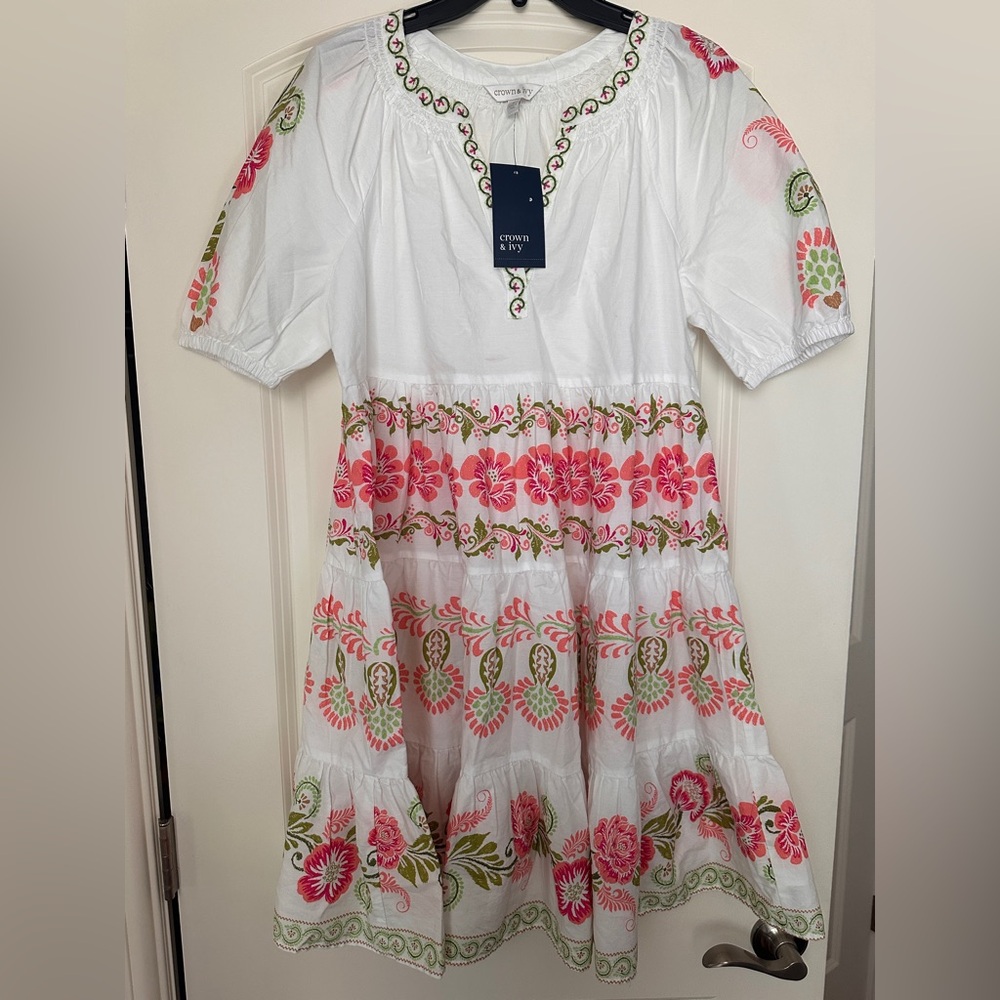 crown & ivy White Cotton Dress with Pink and Green Floral Embroidery